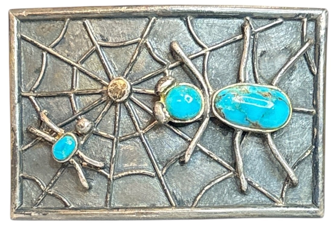 Southwestern Sterling Silver Turquoise Spider & Web Belt Buckle: Measures 3" x 2" Marked and made by EDWARD H (TED) BOWLES, LAPIS & STERLING weight with stones 41.3 dwt Mother spider and baby