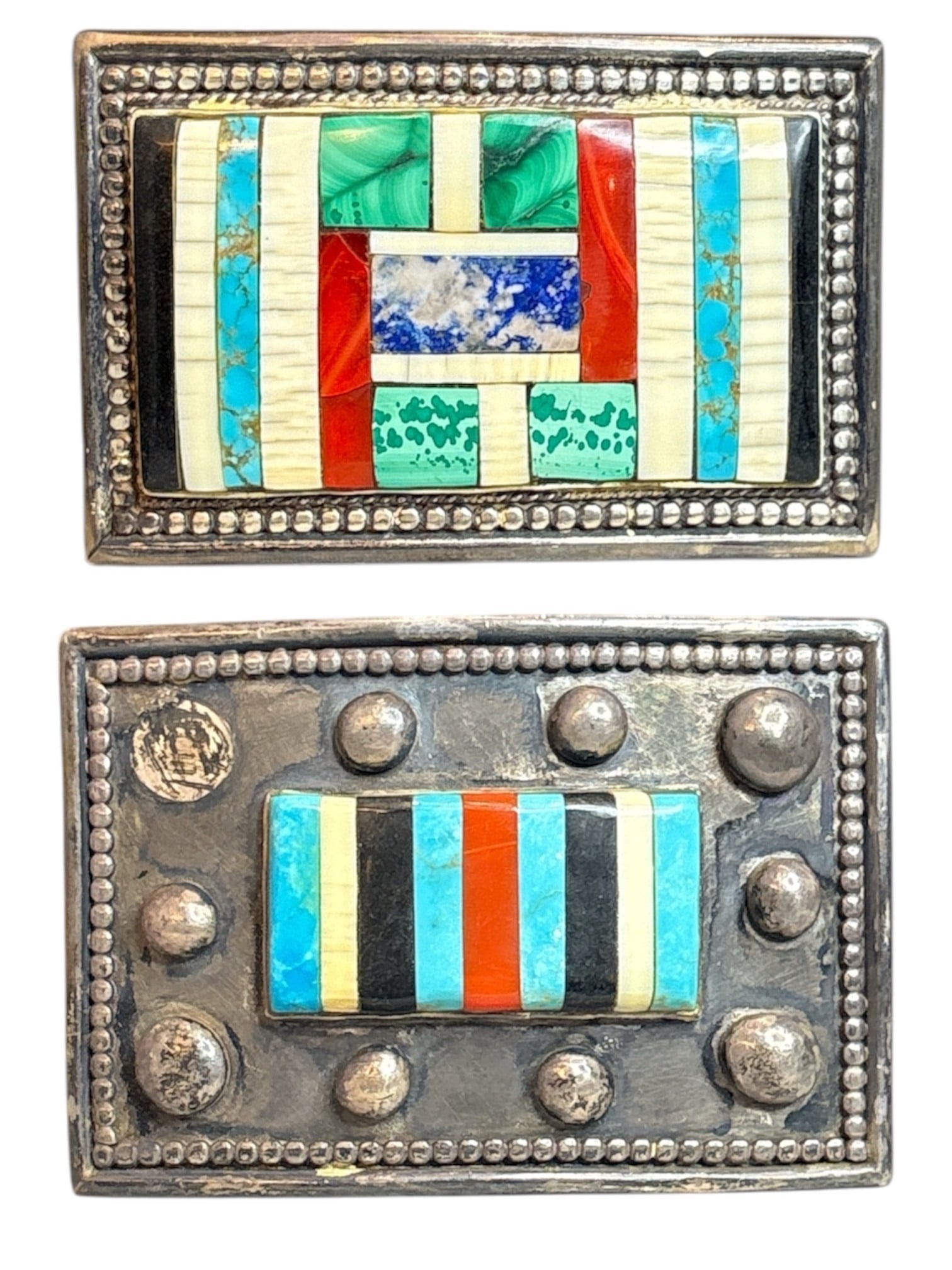 Two Sterling Silver Turquoise & Coral Belt Buckles by TED BOWLES: larger stripe belt buckle 3.25 x 2.25, smaller is 3x2, weight 5.50ozt for both