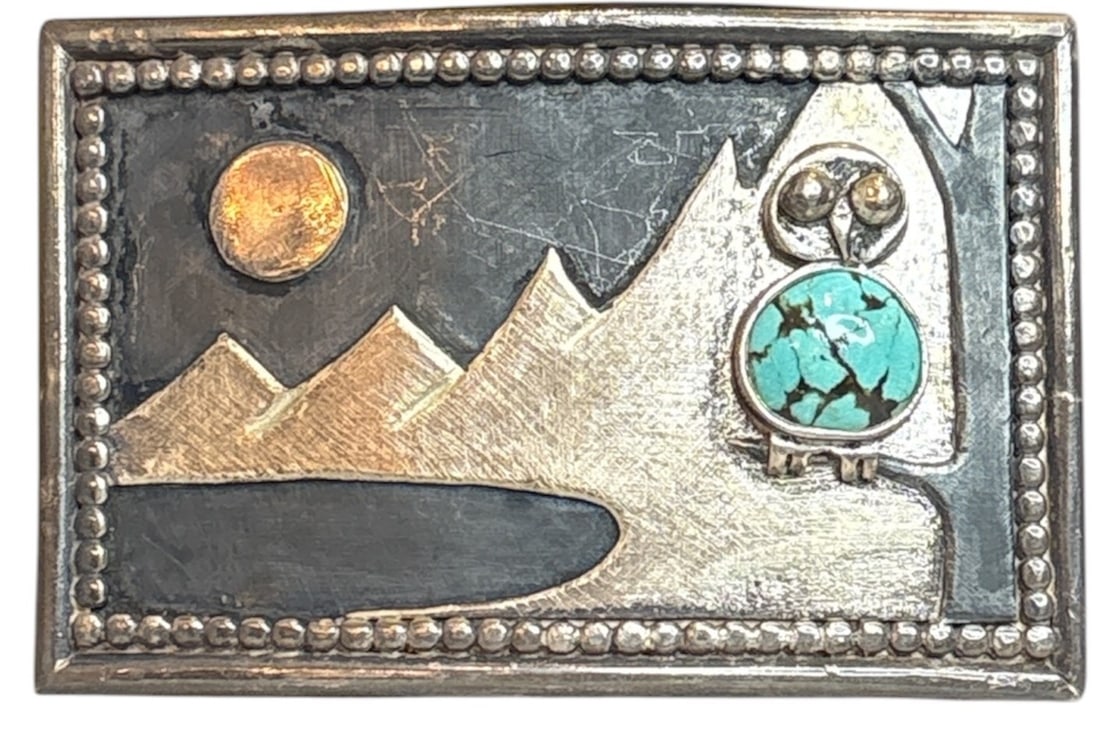 Sterling Silver Turquoise Owl Belt Buckle, Southwestern Modernist BOWLES: Measures 3" x 2" 43.5 DWT Marked with Bowle's stamp