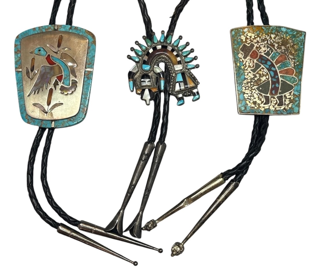 Collection Southwestern Bolo Ties: Sterling Silver Tips, turquoise, red coral, onyx, mother of pearl