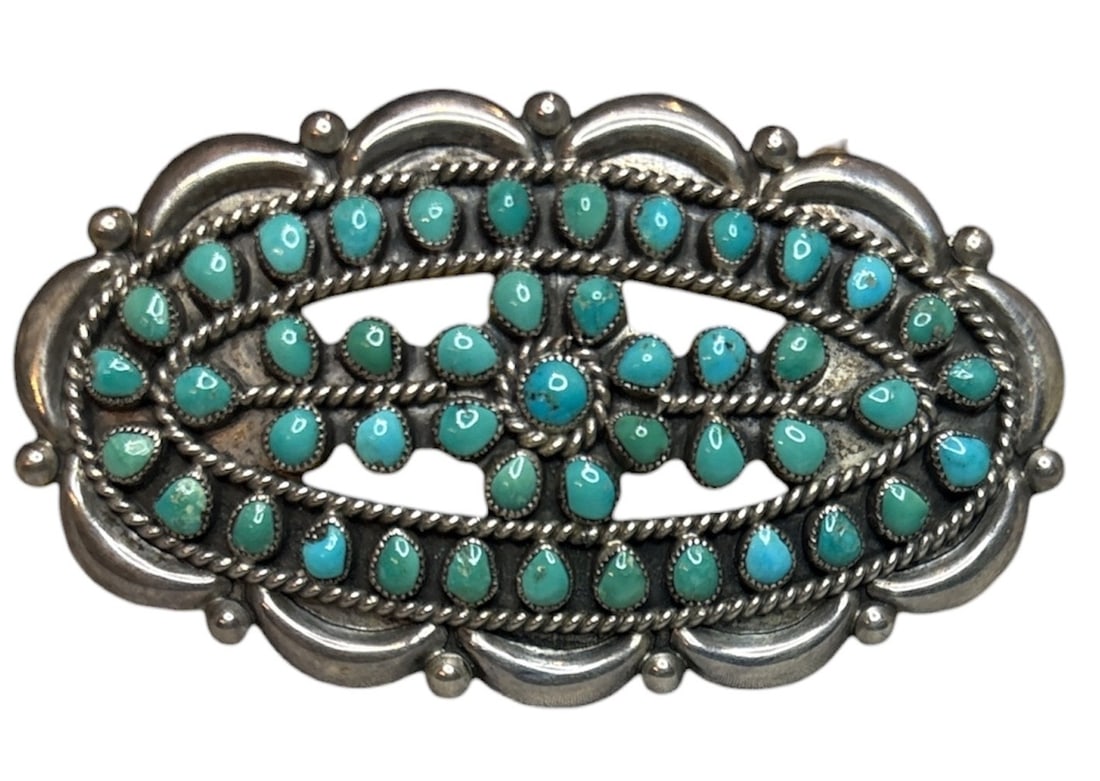 ZUNI Sterling Silver & Turquoise Pin Brooch: 1.5" H x 3" W 12.6 dwt