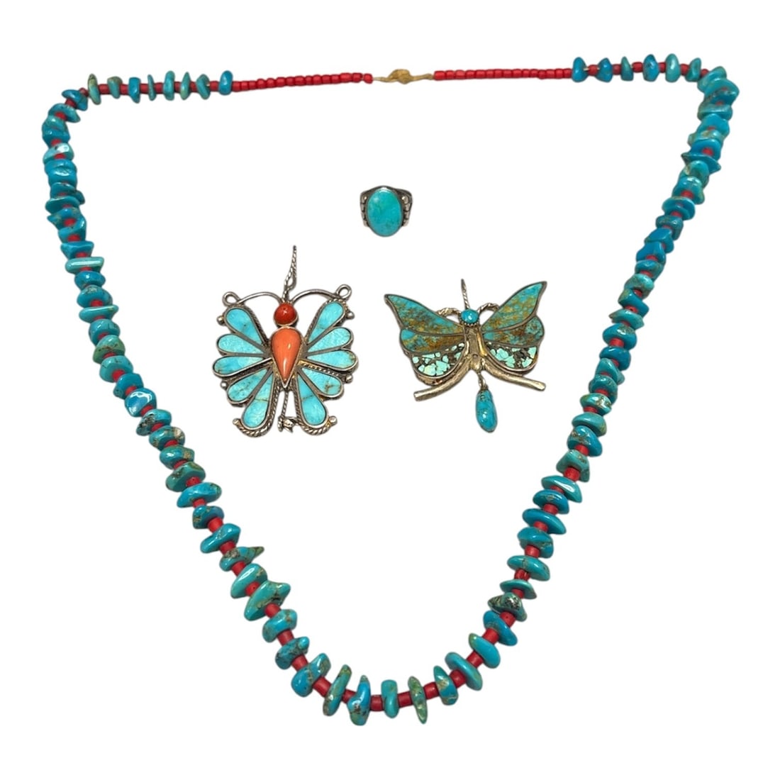 Collection Southwestern Turquoise, Red Coral Sterling Silver Jewelry: Turquoise Butterfly is signed Ted, other is signed MRB ring is a snug size 5, most likely old pawn, 28" L on necklace