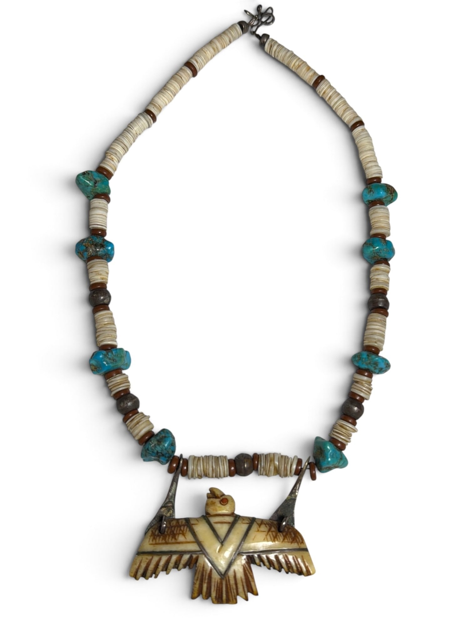 Native American Heishi, Bone & Turquoise Thunderbird Necklace (1 of 3)