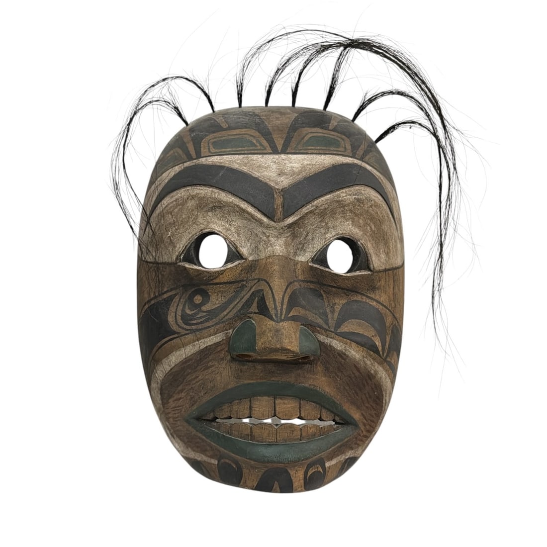 Pacific Northwest Coast Native Polychrome Mask: Measures 10" H x 7.5" W x 4" D. Fitted to be hung on a wall.