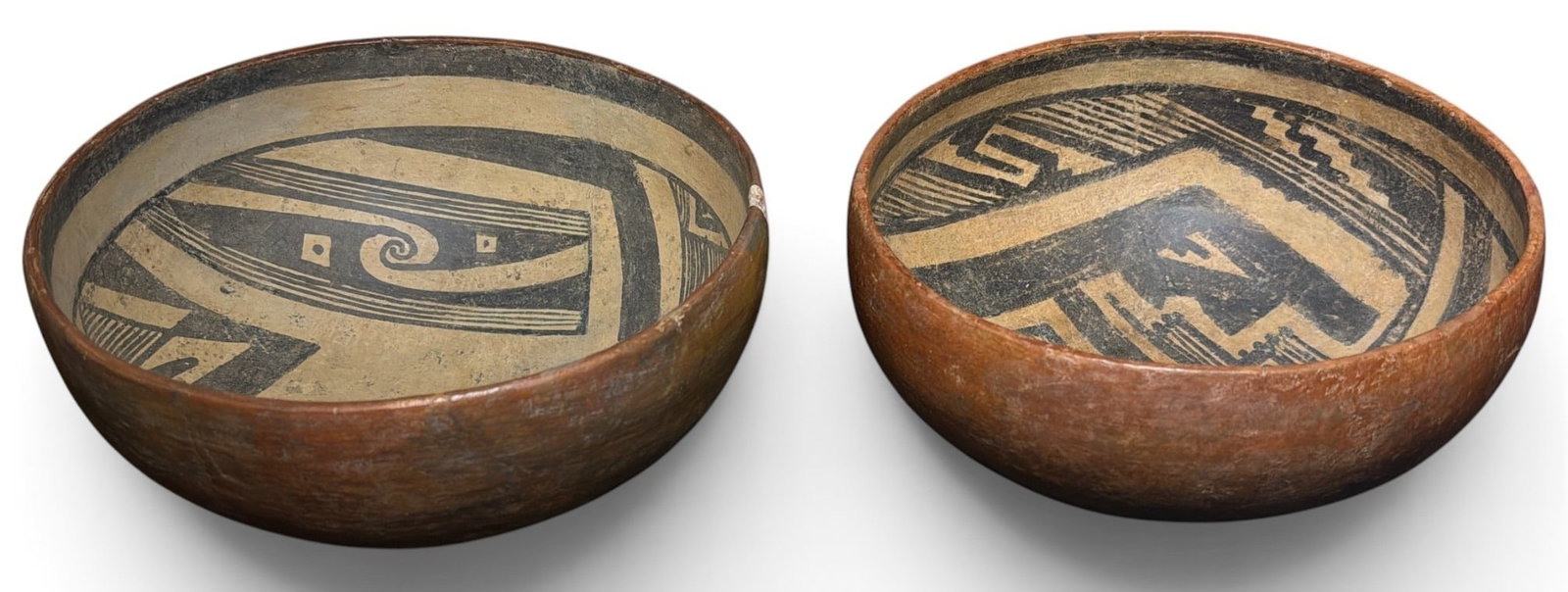 Southwestern Ancestral Polychrome Bowls: 4" H x 8.5 diameter on one with chip