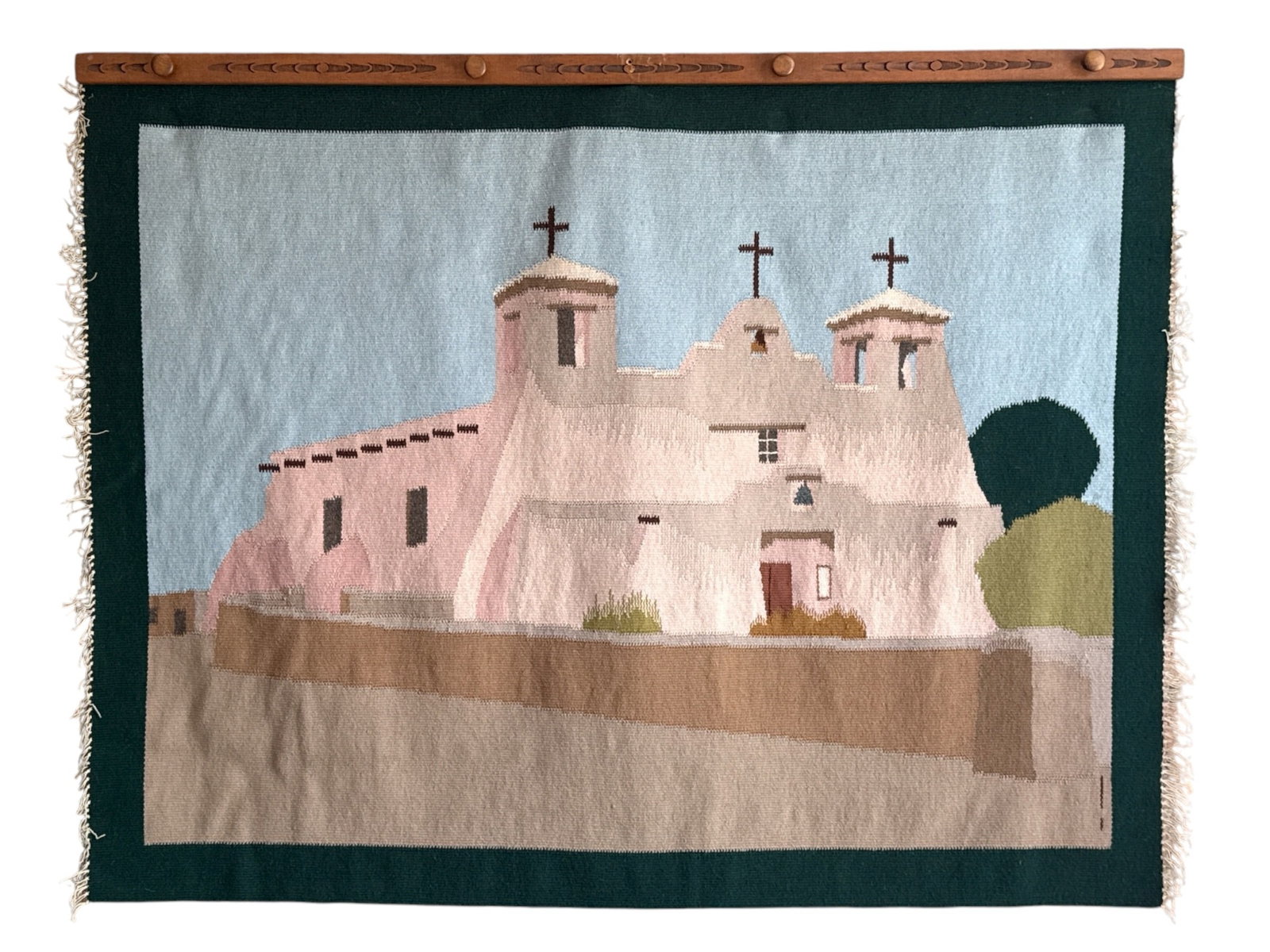 Mid Century Tapestry, Isleta Pueblo New Mexico, EDWARD BOWLES 1968: Hand sewn by EDWARD (TED) BOWLES on a loom with hand dyed wool threads, using a needle on a hand carved wooden hanger. 40" H x 52" W.
