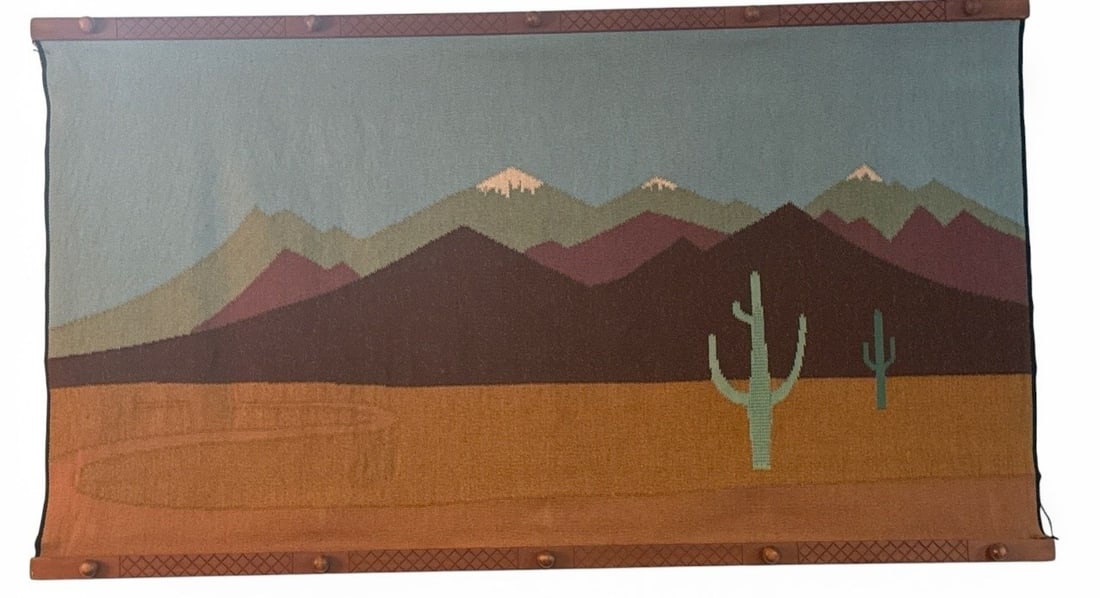 Large Mid Century Tapestry-New Mexico Landscape by EDWARD BOWLES: Hand sewn by EDWARD (TED) BOWLES on a loom with hand dyed wool threads, using a needle on a hand carved wooden hanger. 40.5" H x 72.5" W