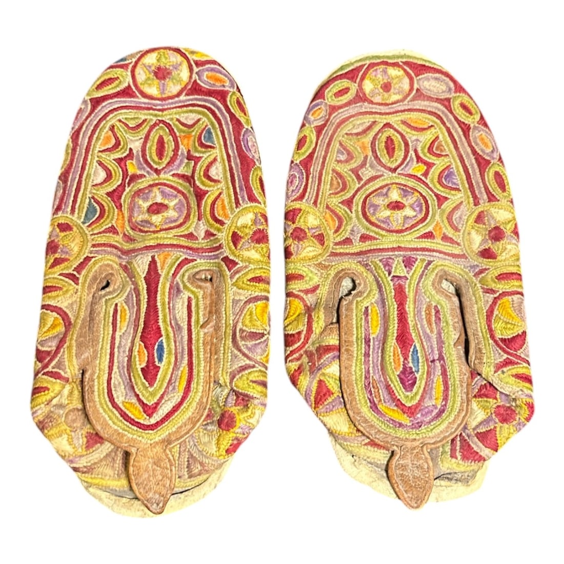 West African Embroidered Sandals: Feature intricate embroidery and leather soles. Measure 9" long x 4.5" W.