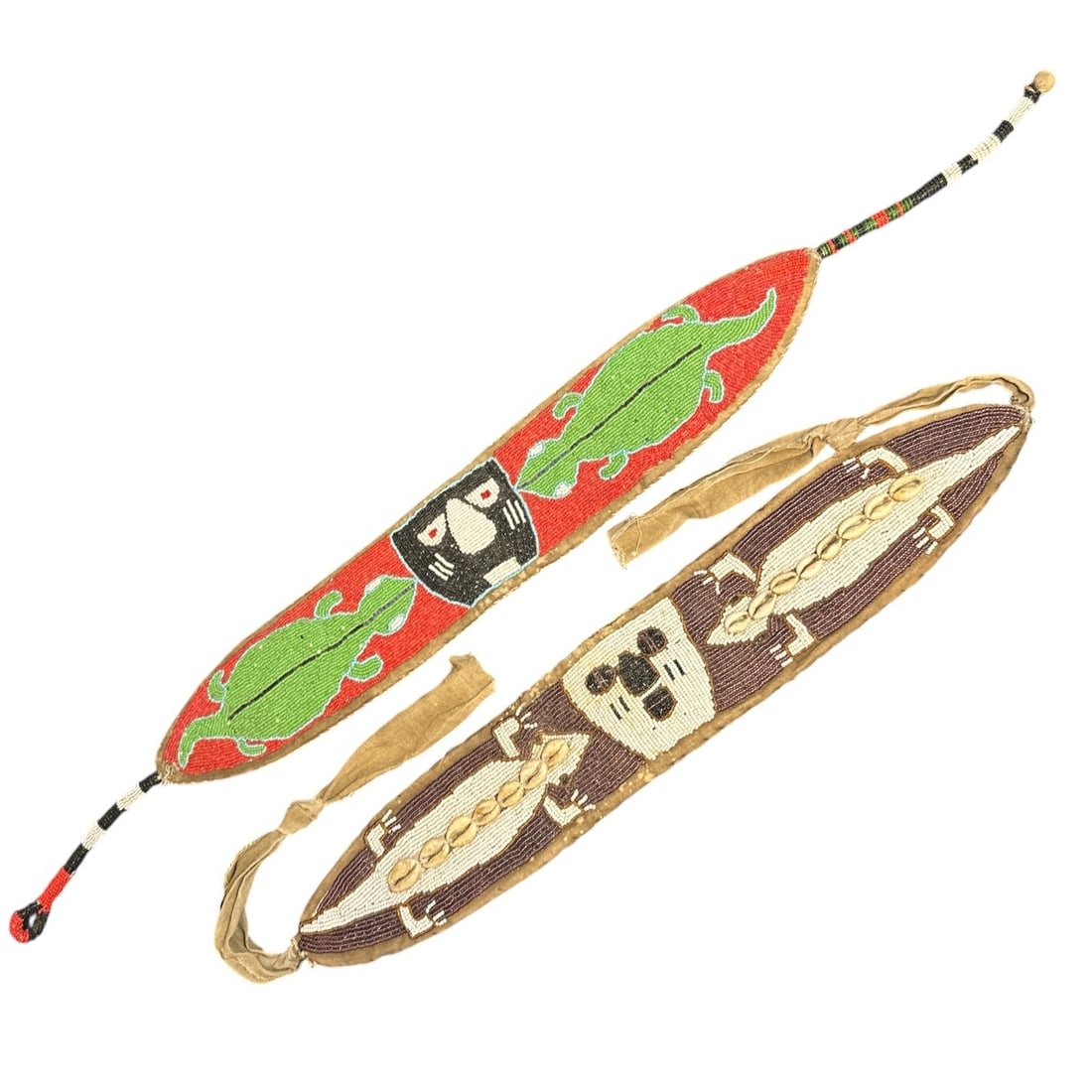 African Yoruba Beaded Sash, Two: The red and green sash measures 34.5" x 4", the brown and white sash measures 45" x 4".