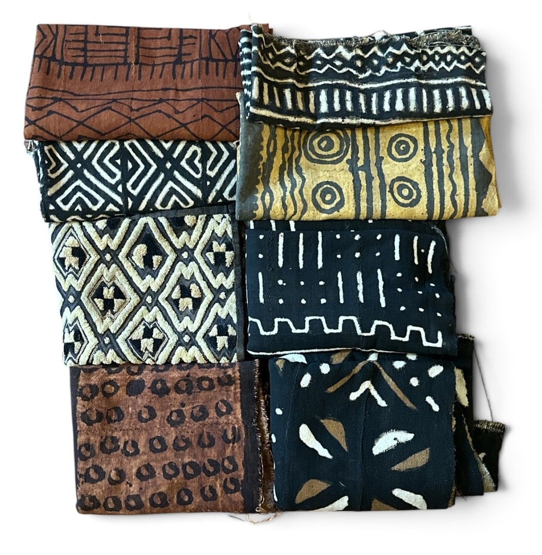 Collection African Mudcloth and Kuba Clothes: Assorted sizes ranging from a placemat size to a throw blanket size. See photos for included patterns.