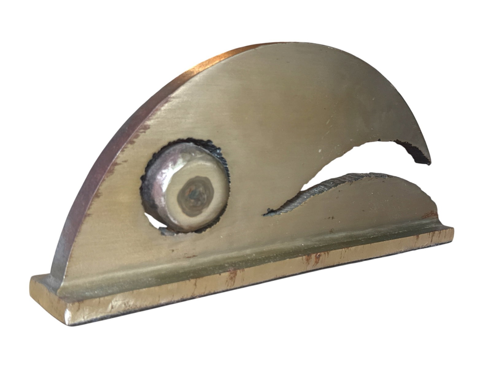 Brutalist Steel Whale Sculpture: Solid steel. Measures 7" H x 15" W x 2" D. Initialed on base, appears to be "R.R."