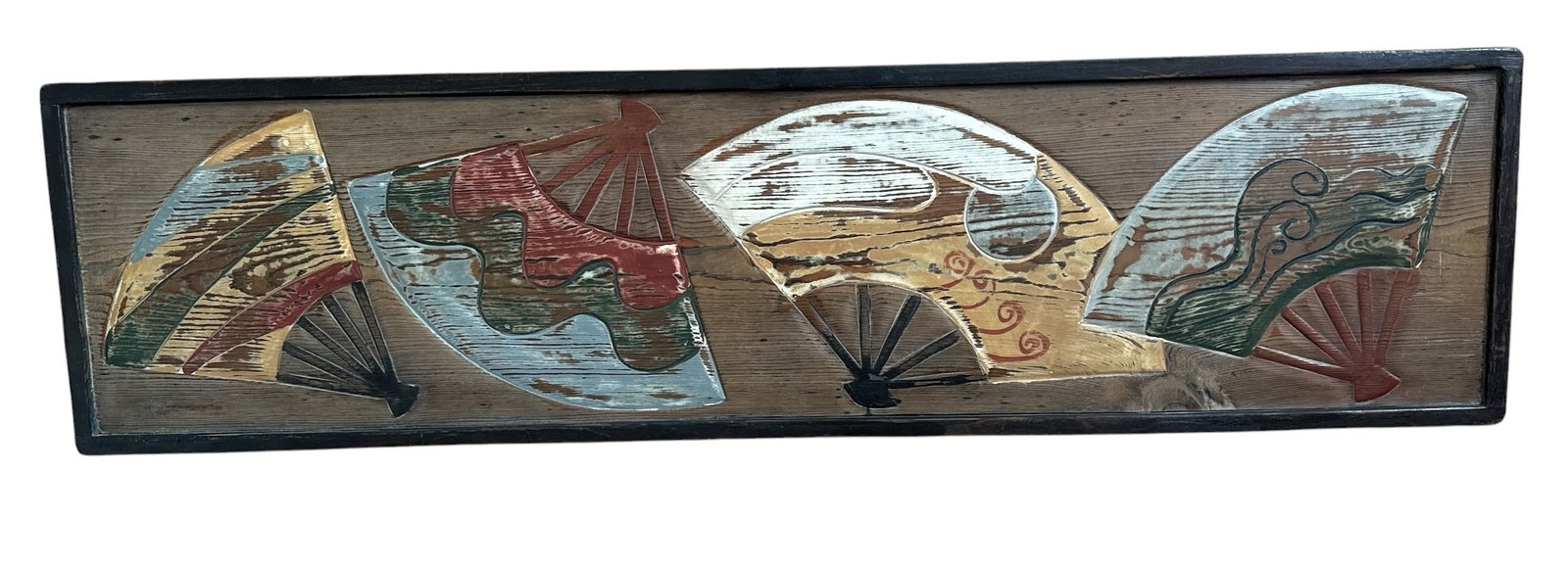 Oil on Board Asian Fan: Oil on Wood. Signed en verso. Measures 13" H x 49.5" W x 1.5" D.
