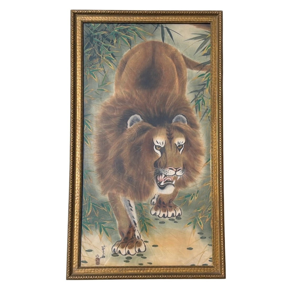 Vintage Asian Painting of Tiger on Silk: Measures 32.75" x 18.75" x 1" D in frame. Sight measures 30" x 15".