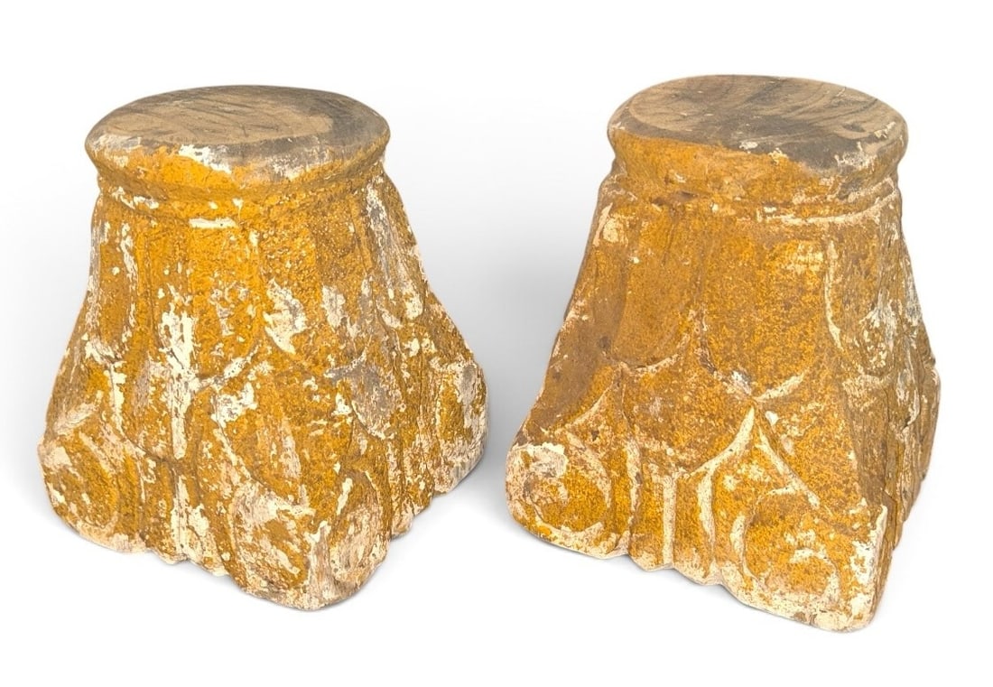 A Pair of French Architectural Salvage Pillar Bases / Risers: 10" H x 8" W x 9" D.