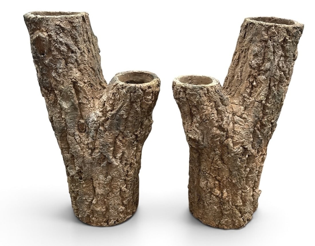 Pair French Faux Bois Tree Stump Vases: Each measures 15.5" H x 5" diameter at the base. Beautiful French examples.