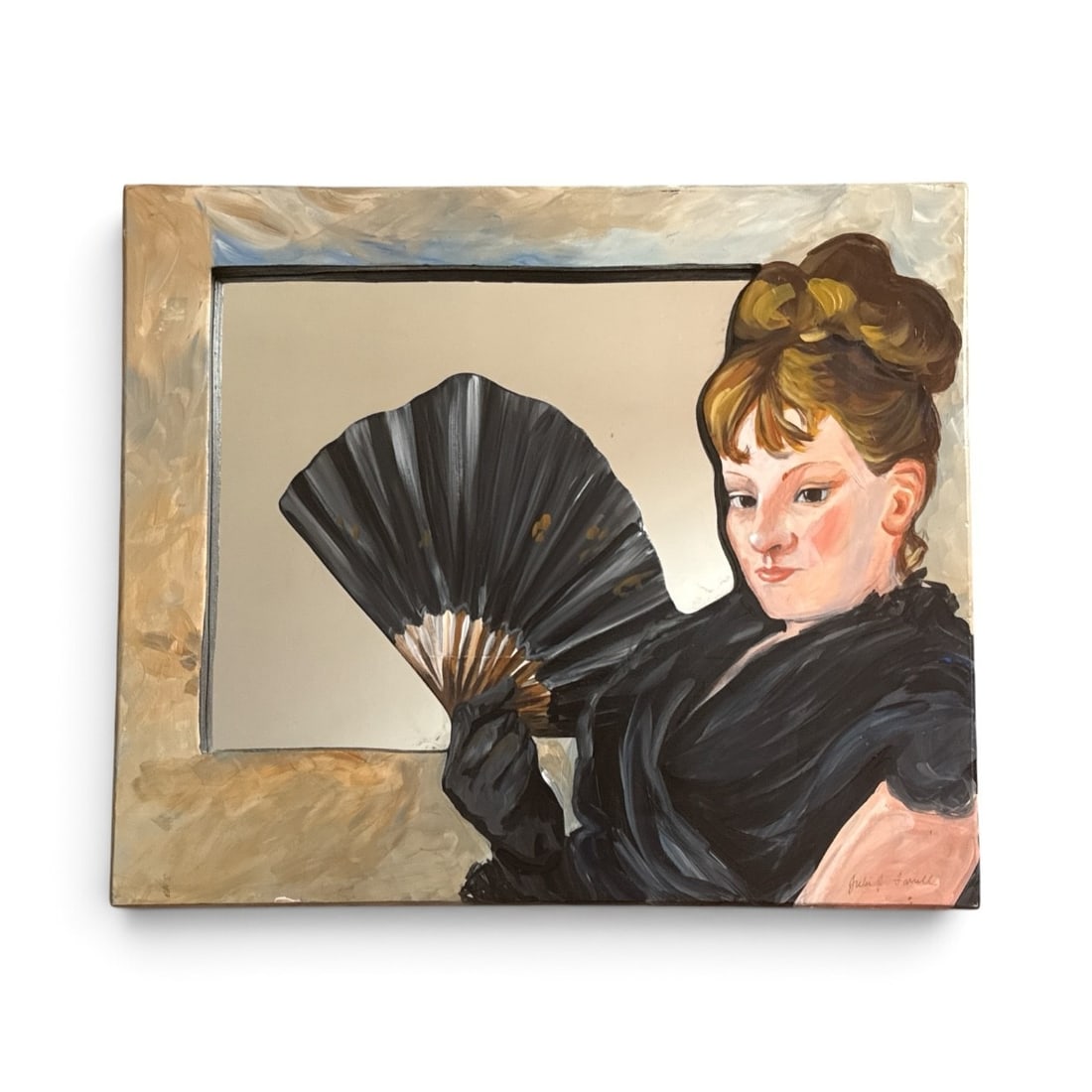 French Mirror, after BERTHE MORISOT "Head of a Girl": Signed Julie J. Farrell. Mirrored in the style of Berthe Morisot Head of a Girl / Woman with a Fan. Measures 18" H x 21" W x .5" D.