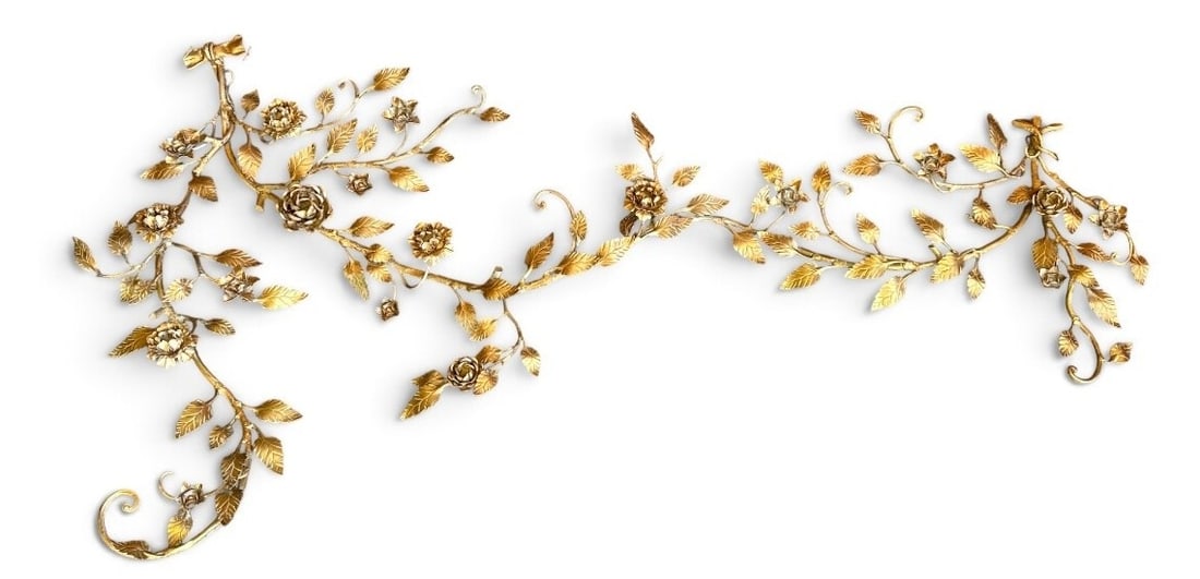 5.5ft Gold Gilt Rose Motif Wall Sculpture: Measures 36" x 45" in the frame, sight measures 21" x 27.25".