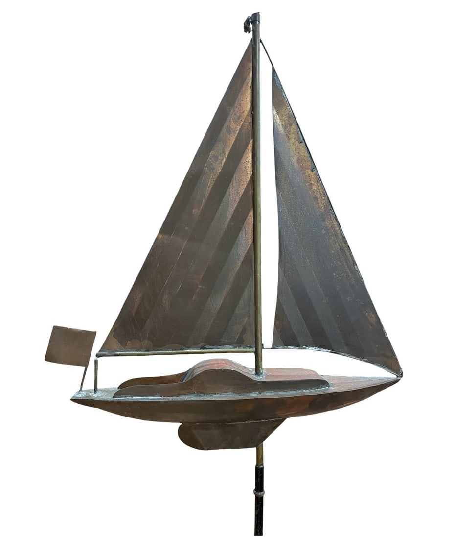 Early 20th C Copper Sailboat Weathervane: Weathervane itself measures 35" H x 29" W x 5.5" D. Stand is not included.