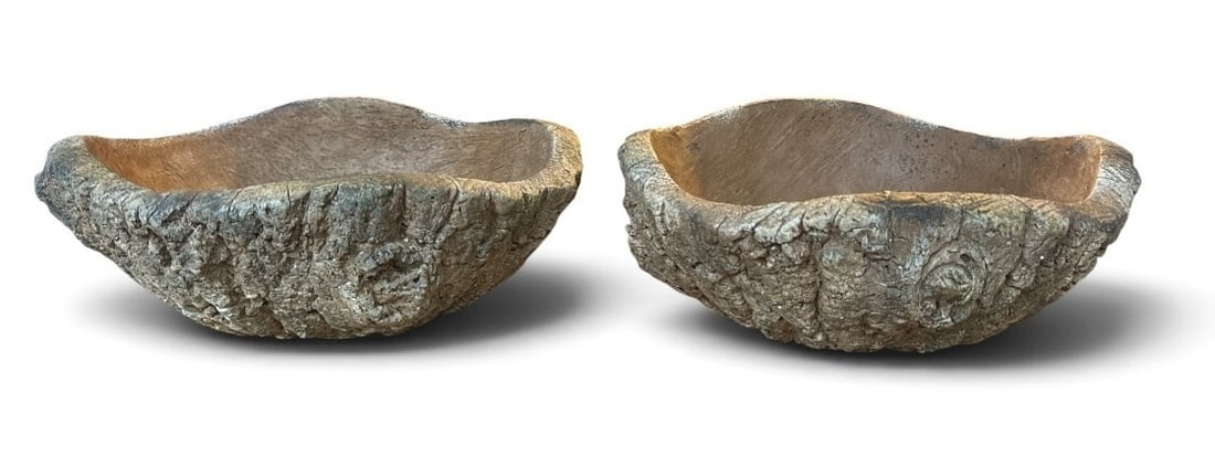 French Faux Bois Garden Bowls, Pair: 4" H x 12" diameter, each.
