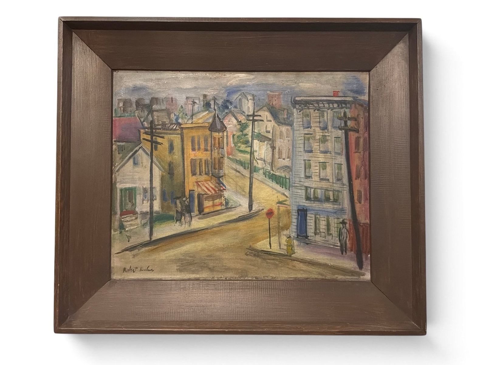 WPA Era Expressionist Street Scene Oil Painting: Oil on canvas attached to board. Signed in lower corner. Measures 22.75" x 26.5 x 2.75" D in frame. Sight measures 16" x 19.75".