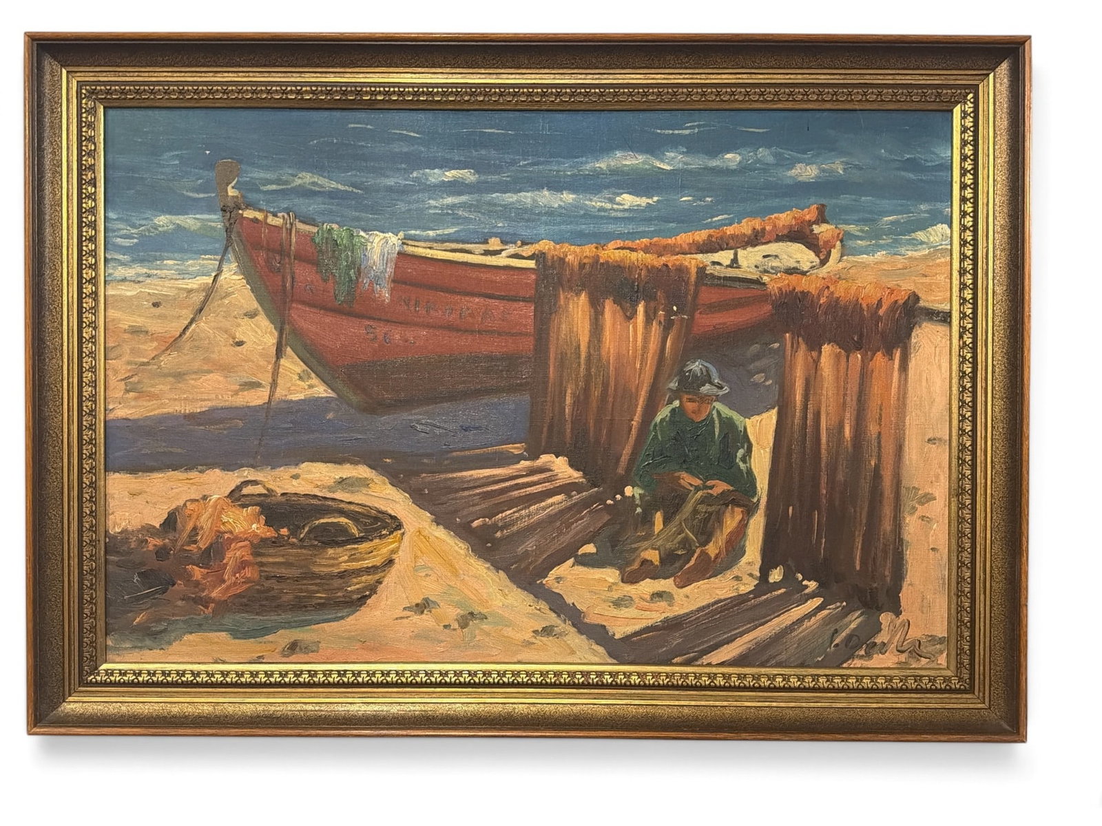 Nautical Fishing Boat on the Slip Painting, IMO HOMER WINSLOW: Oil on board. Signed in lower right hand corner. Also similar to works by Boris Ninemae and Arthur Beaumont. Measures 24"x 34" x 1"D in frame, sight measures 29.5" x 19.25".