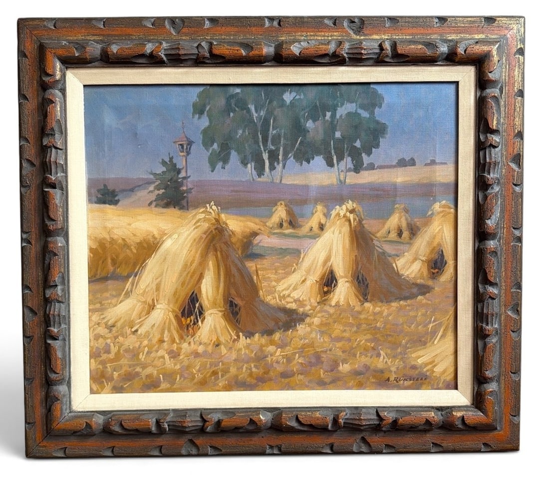 ANTANAS RUKSTELE (Lithuanian, 1906-1990) Haystack Oil Painting: Measures 28" x 32" x 2" D in the frame. Sight measures 19.5" x 23.5". Signed in lower right corner. Oil on Canvas.