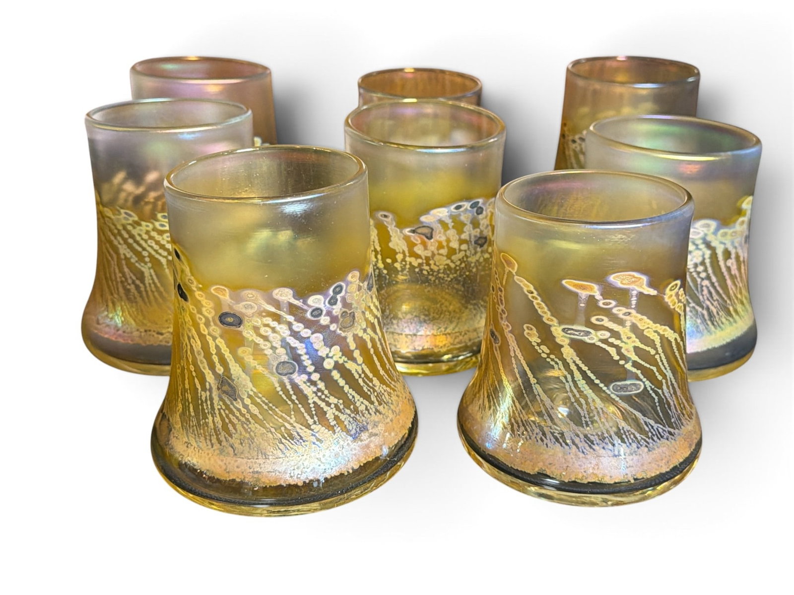 8 ROBERT COLEMAN Iridescent Art Glass Drinking Glasses Barware: All measure approx. 4.25" - 4.5" H x 3.5" - 4" diameter. Most retain "RC" stamp on the chop mark.