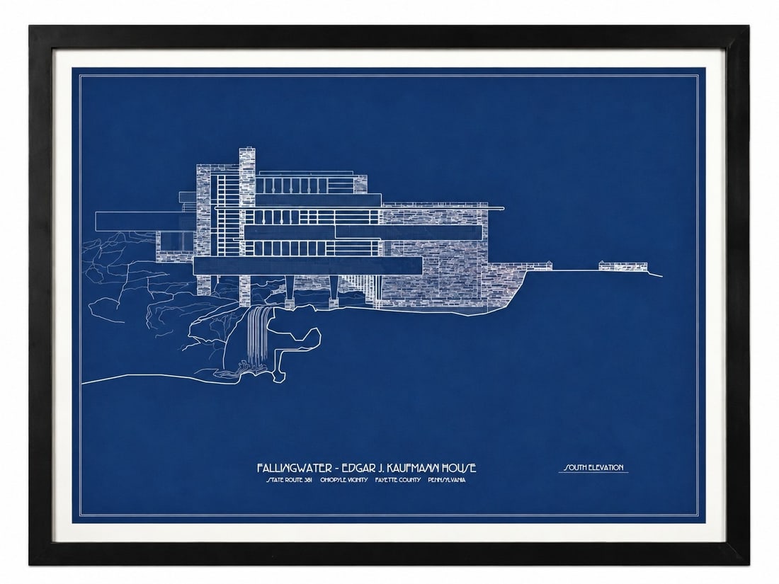 Wall Size FRANK LLOYD WRIGHT "Fallingwater" Architectural Blueprint: A contemporary rendering of FLW's Edgar J. Kafuman / Fallingwater House. Measures 51.5" H x 67.5" W x 1.5" D. Sight measures 43" x 59.5".