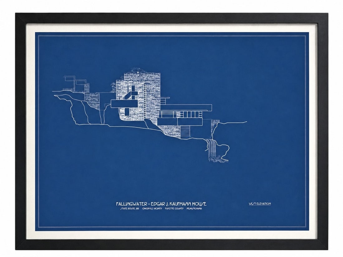 Wall Size FRANK LLOYD WRIGHT "Fallingwater" Architectural Blueprint: A contemporary rendering of FLW's Edgar J. Kafuman / Fallingwater House. Measures 51.5" H x 67.5" W x 1.5" D. Sight measures 43" x 59.5".