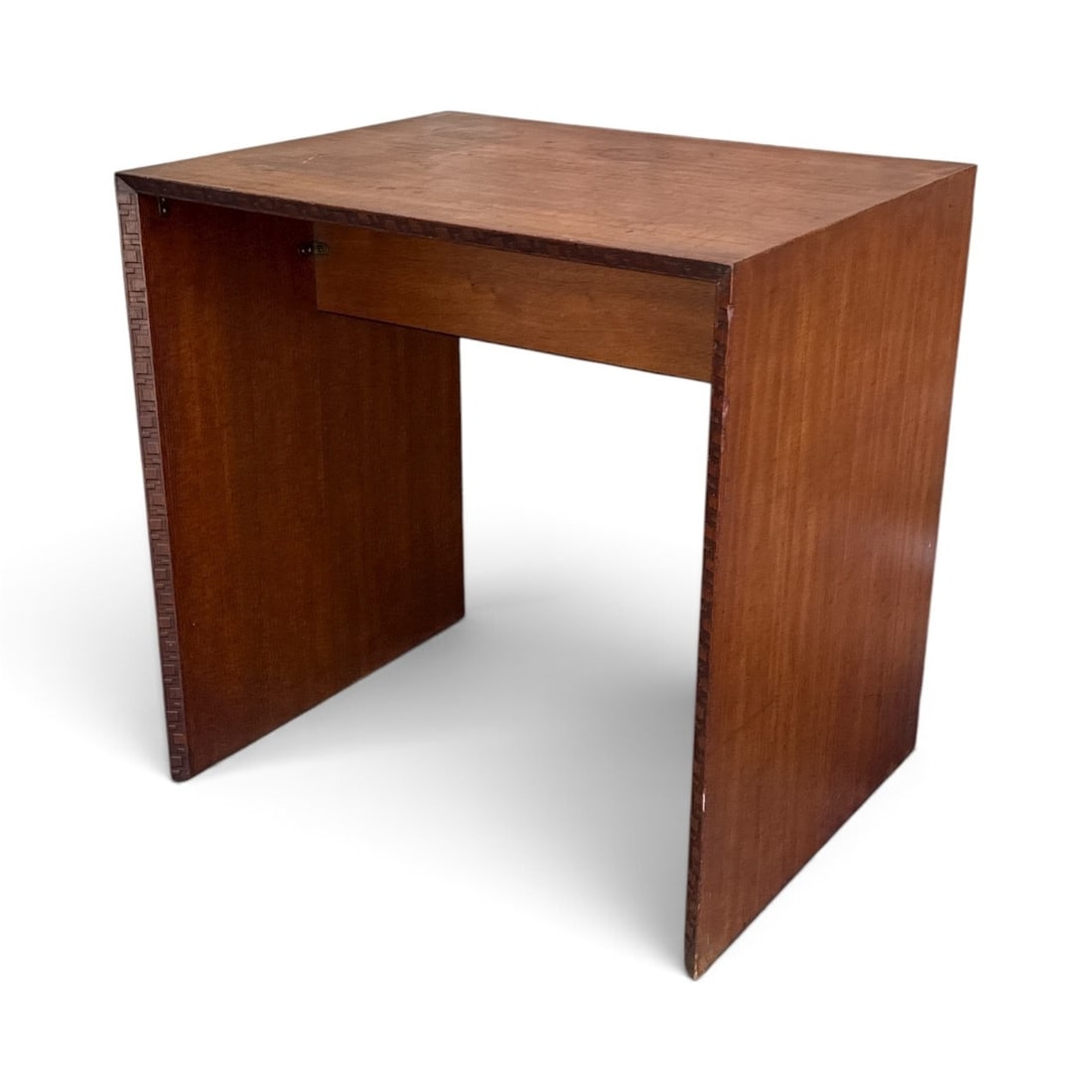 Taliesin Side Table by FRANK LLOYD WRIGHT for HENREDON: Mahogany construction with greek key trim. Measures 24" H x 23.75" W x 19.25" D