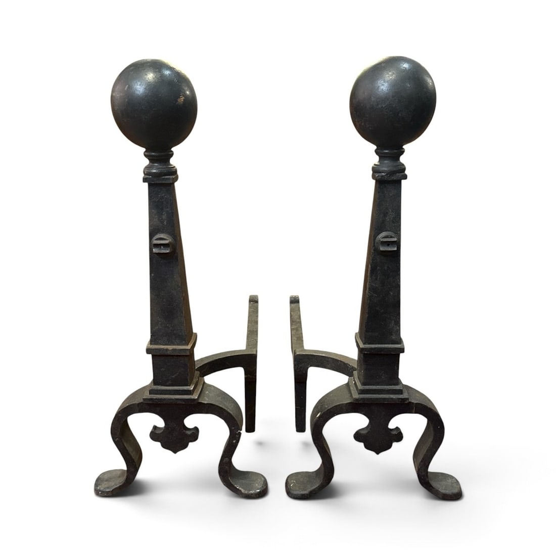 Monumental BRADLEY and HUBBARD Cannonball Andirons: Cast iron. Late 19C. Federal style. Measures 29" H x 28" D x 12" W across feet x 5" Dia cannonballs.