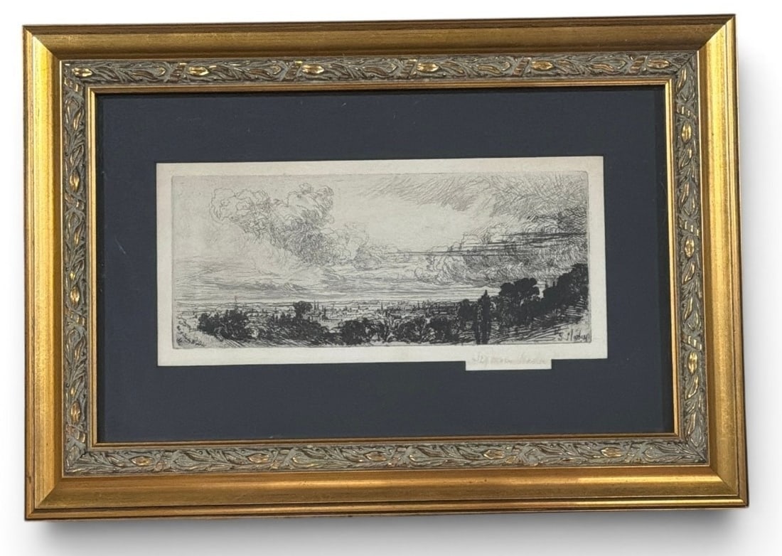 SEYMOUR HADEN (British, 1818-1910) "Out of Study Window" Etching: Pencil signed and titled in the lower margins. Measures 12.5" x 17.75" x 1.5" D in the frame, sight measures 5.25" x 11".