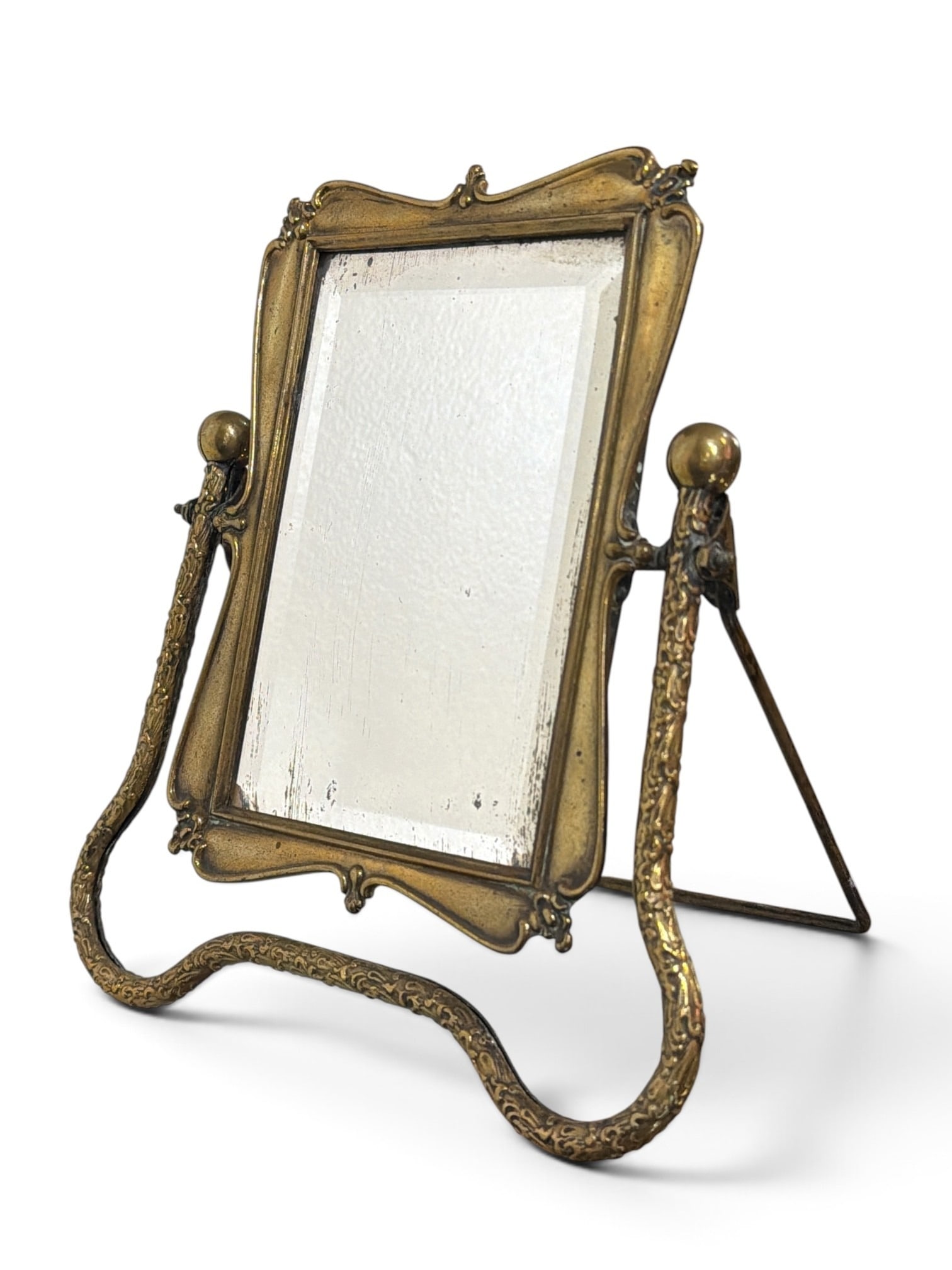 Brass Art Nouveau Vanity Mirror: Measures 8" H x 7.5" W x 5" D. Original early 1900's Art Nouveau era