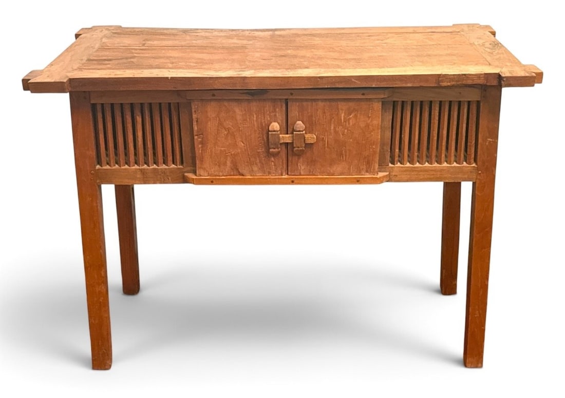 Elmwood Asian Tall Console: Elmwood with pegged and doweled construction. Slatted front with two doors revealing storage. Measures 41" Y X 55.25" W X 27" D