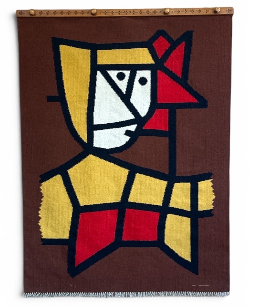 Mid Century Tapestry After PAUL KLEE'S "Woman in a Peasant Dress" by EDWARD BOWLES: Hand sewn by EDWARD (TED) BOWLES on a loom with hand dyed wool threads, using a needle on a hand carved wooden hanger. 53.25" H x 39" W. Dated 1973