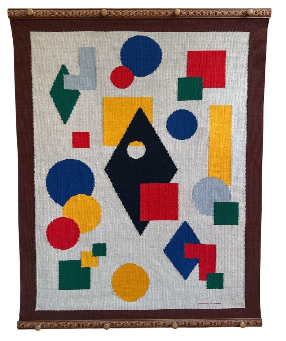 Mid Century Geometric Design Tapestry, EDWARD BOWLES: Hand sewn by EDWARD (TED) BOWLES on a loom with hand dyed wool threads, using a needle on a hand carved wooden hanger. 51" H X 40" W