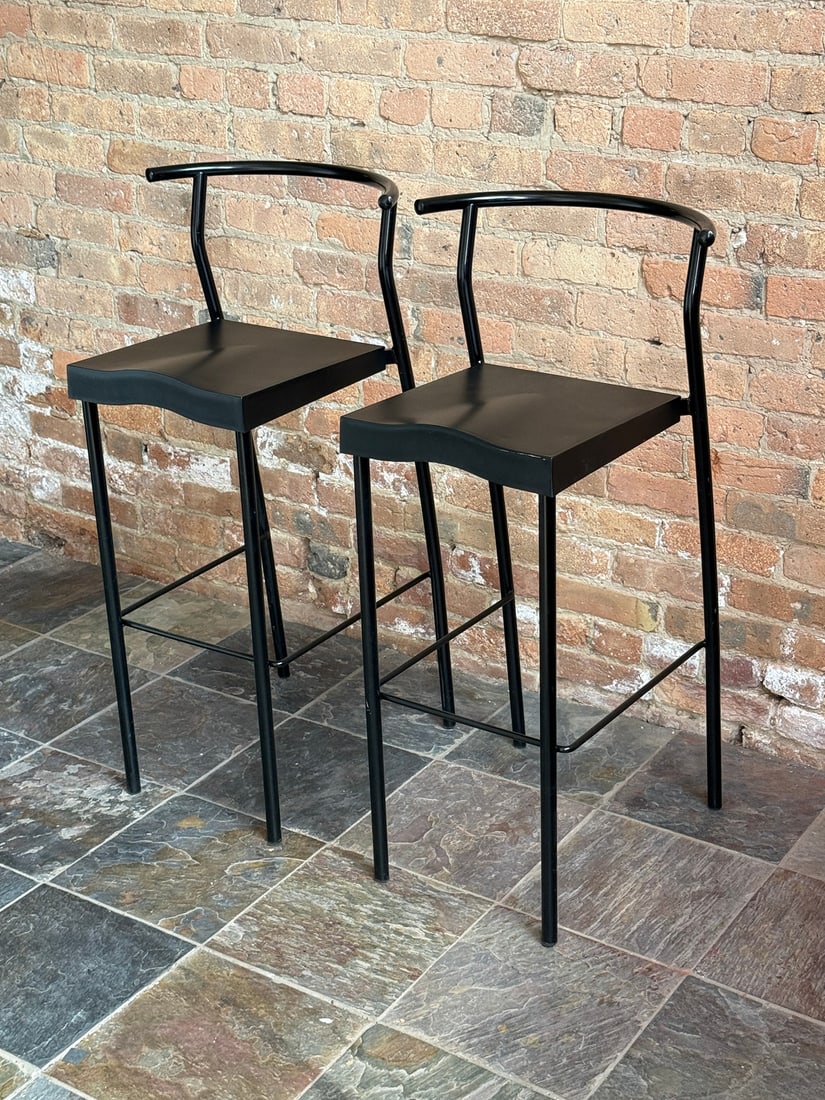 PHILIPPE STARCK For KARTELL "HI-Glob" Stacking Barstools, Pair: Measure 38.25" H to the back x 29.5" H to seat x 18" W x 18"D. Manufacture stamp to bottom of seats. From the Dr. Glob Collection.
