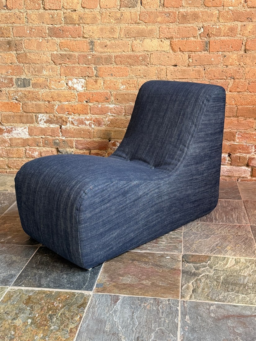 MILO BAUGHMAN For THAYER COGGIN Diminutive Lounge Chair in Denim: Measures 25" H to the back, 13" H to the seat x 18" W x 36" D.