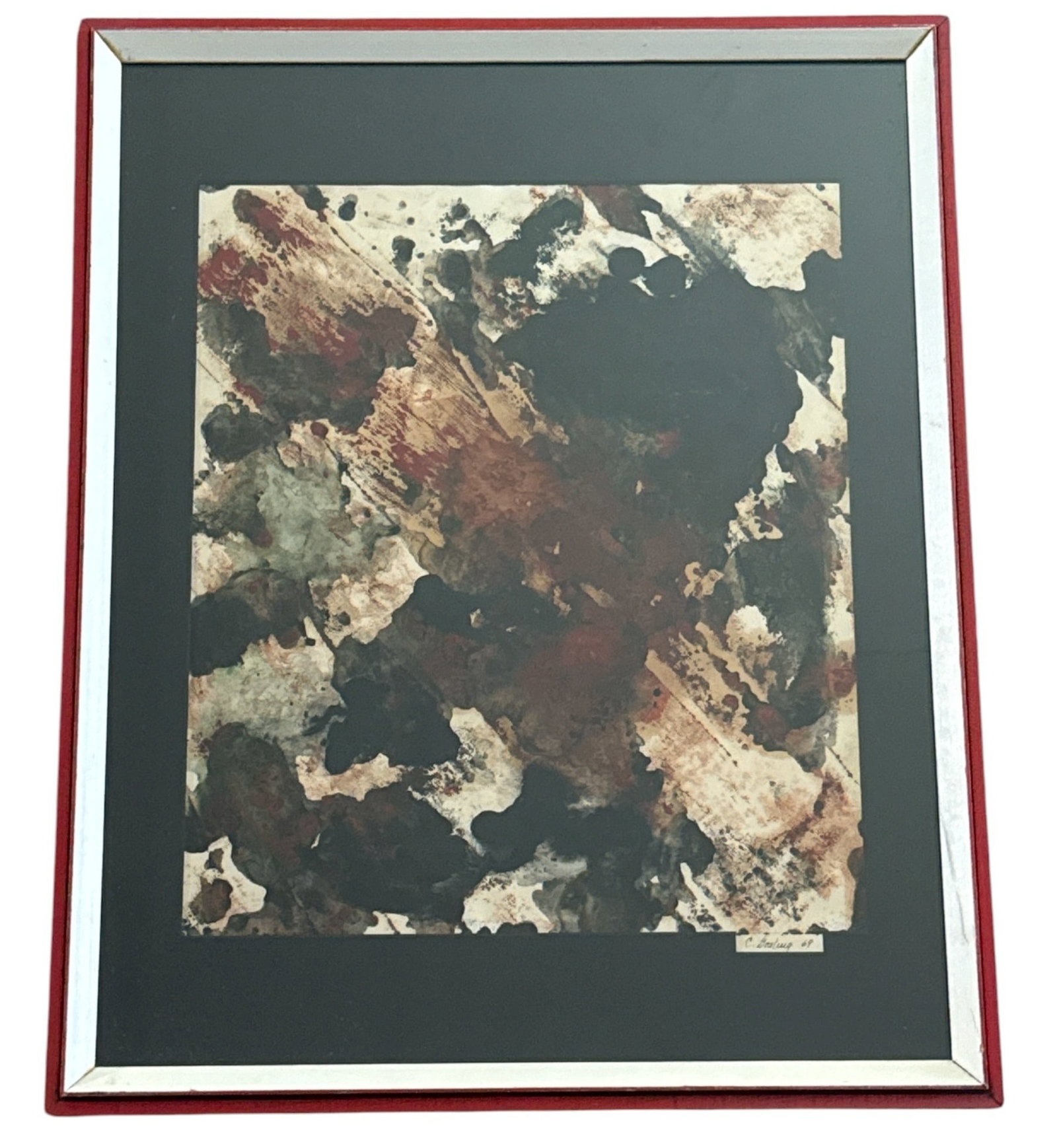 Abstract Mid Century Mixed Media Painting, C. GOSLING '69: Oil / watercolor on paper. Signed "C. Gosling '69" on bottom right corner. Measures 21.25" H x 17.25" x 1.75" in frame, sight measures 15" x 12.5".