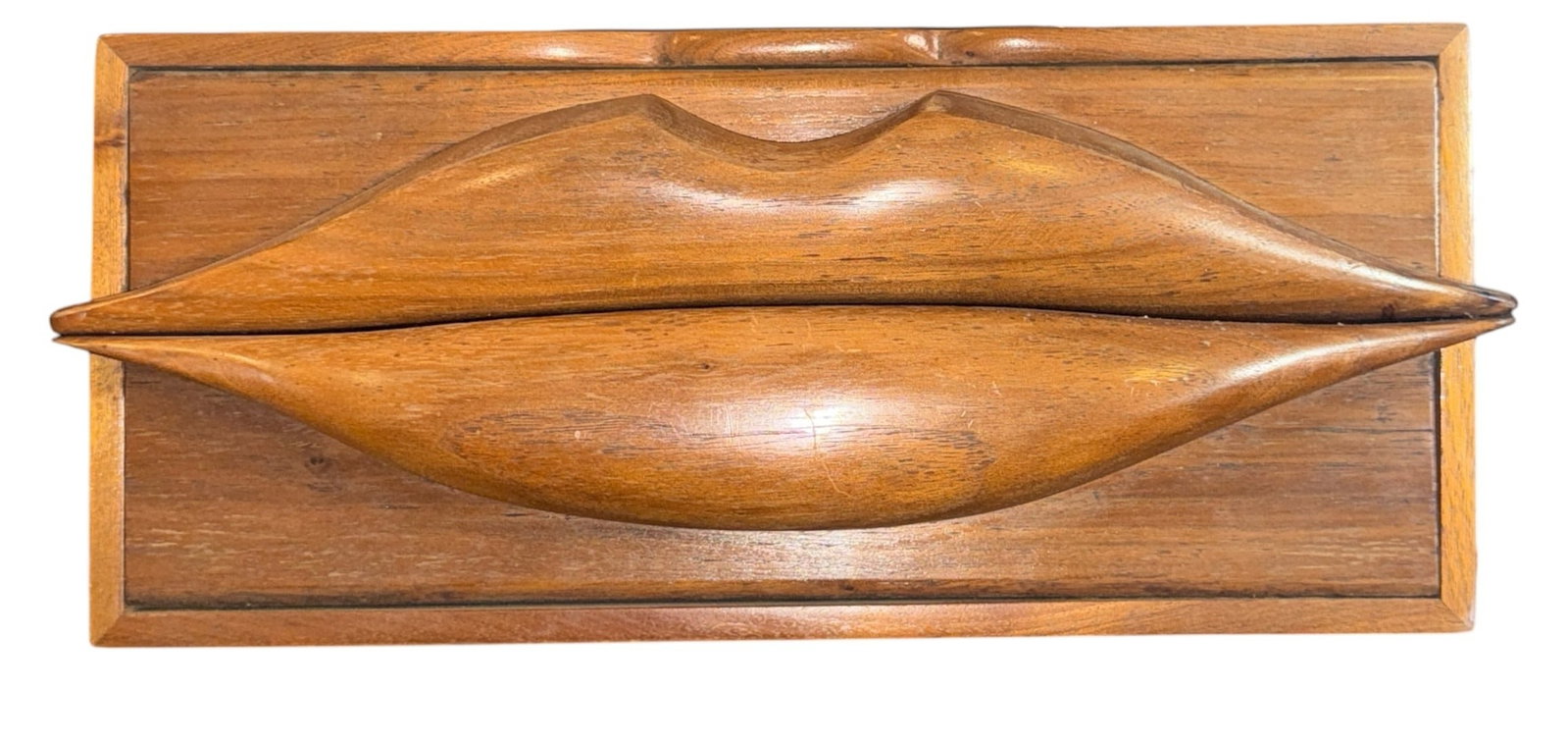 Mid Century Carved Lips Stash Box: Measures 7" H x 16.5" W x 3" D.