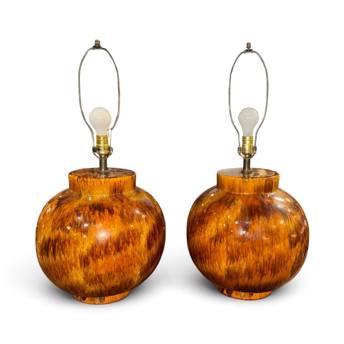 Pair of Oversized Mid Century Drip Glaze Lamps: Measures 29" H to finial x 13" Dia.