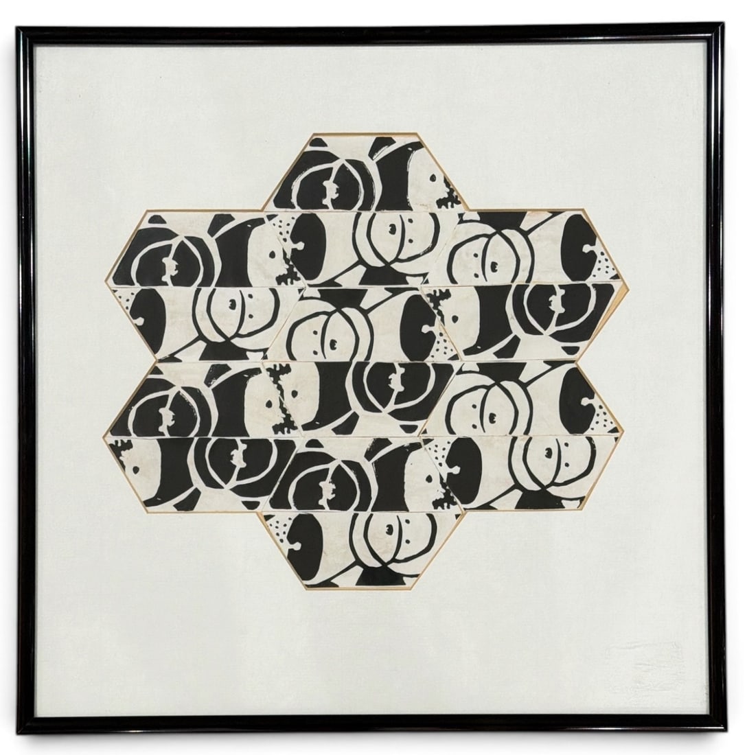 After M.C. Escher Tessellation Paint on Paper Cut Out: Paint on paper cut out. Measures 14" x 14" x 1" D in the frame, sight measures 9" x 10". Inspired by works by MC Escher, similar to works by Eric Friendensohn (AKA Efdot) - an artist / designer based