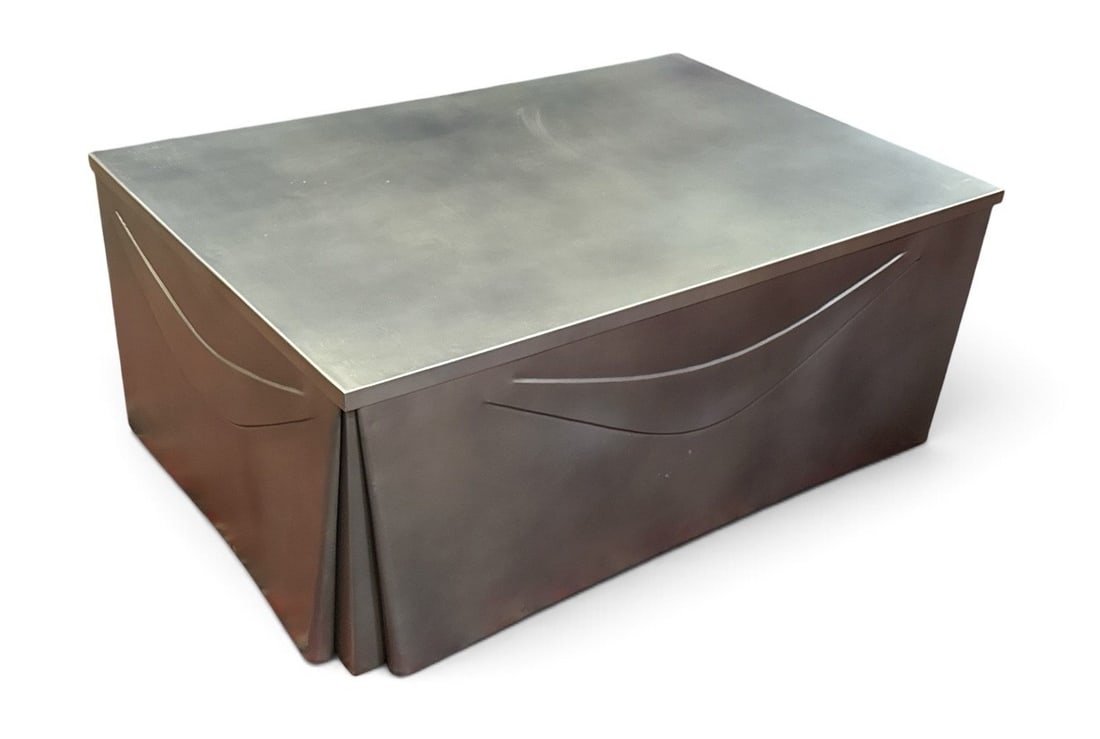 Metal Drapped Tromp L'oeil Coffee Table In The Style of JOHN DICKINSON: Galvanized metal construction. Measuring 18.25" H x 48" W x 32" D