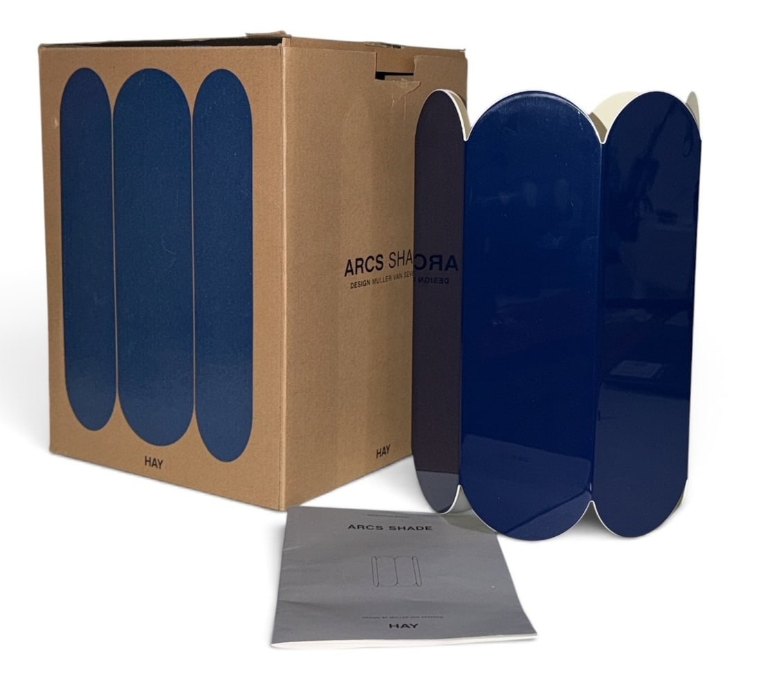 MULLER VAN SEVEREN For HAY "Arcs" Lamp Shade: Retains original box and manual, cobalt blue color. Shade itself measures 12" H x 8" overall diameter.