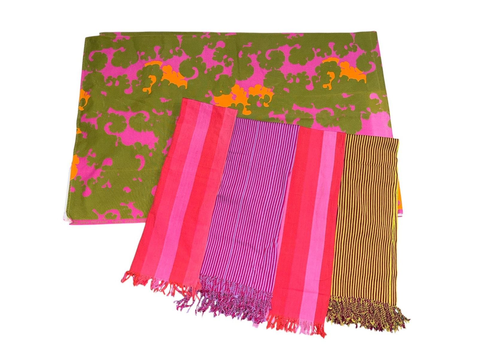 Collection of Mid Century Textile Fabrics, ALEXANDER GIRARD, SVEN FRISTEDT: Includes two Alexander Girard for Herman Miller red and pink stripe table runners that measure67.5" x 16.5", a Sven Fristedt tablecloth that measures 90" x 60", and two other mod striped fabrics.