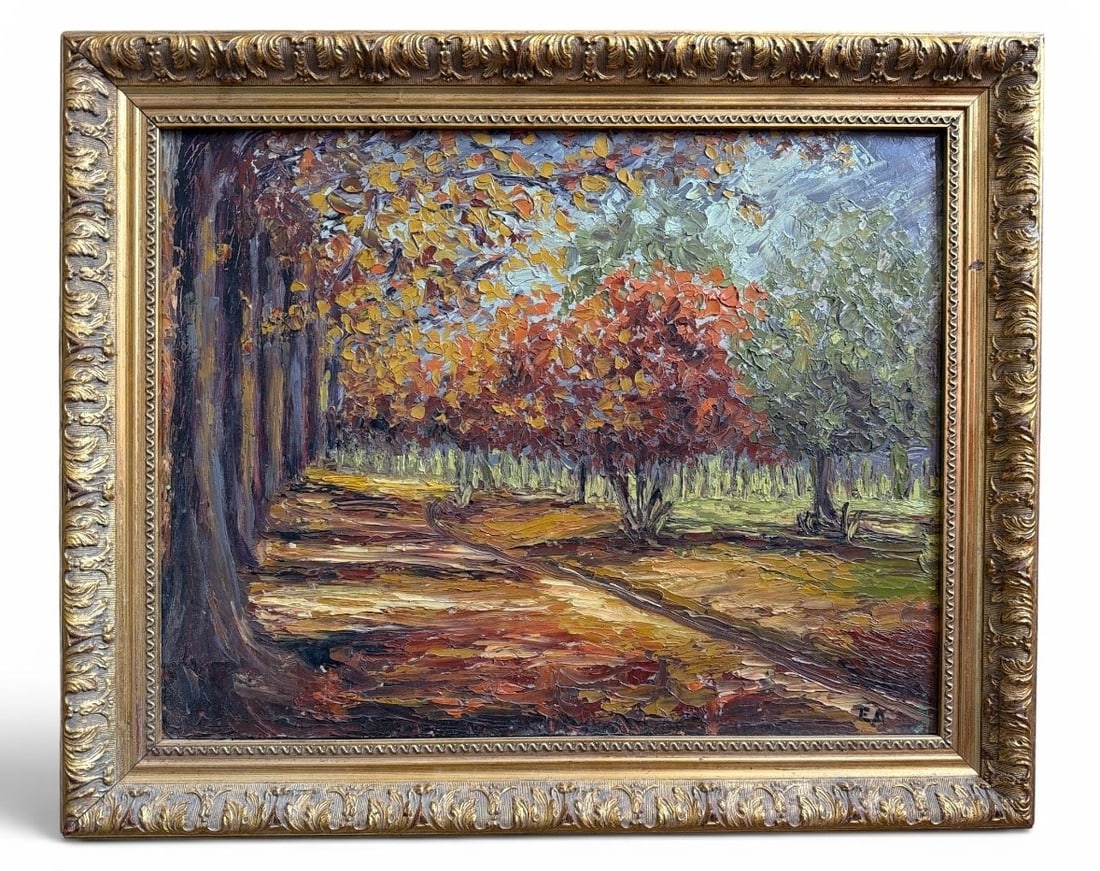 Mid Century Impasto Fall Landscape Painting: Signed "EA" in lower left corner. Oil on board. Measures 17.75" x 21.5" x 1.5"D in the frame. Sight measures 13.75" x 17.5"