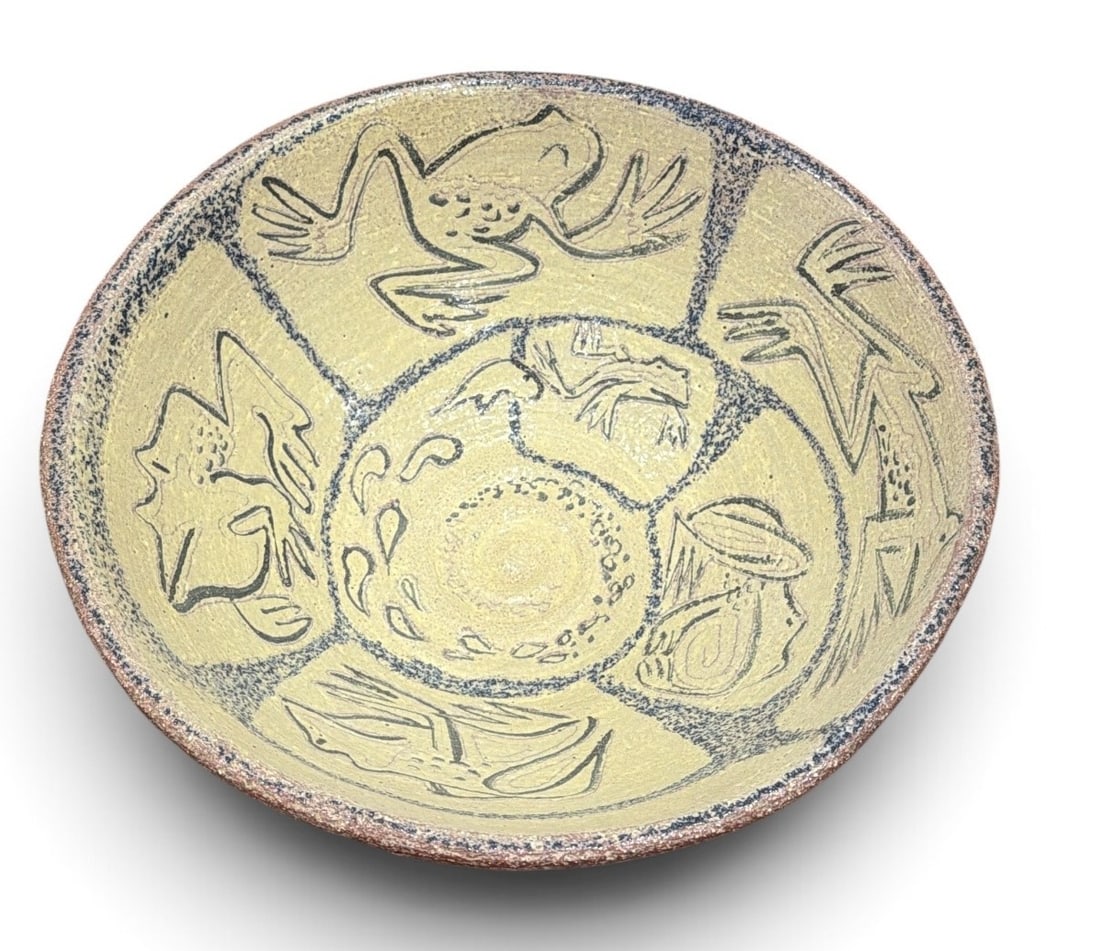 WESLEY MILLS (American, 1909-2003) Sgraffito Frog Ceramic Bowl: Measures 5" H x 12.25" diameter. Signed to bottom of bowl.