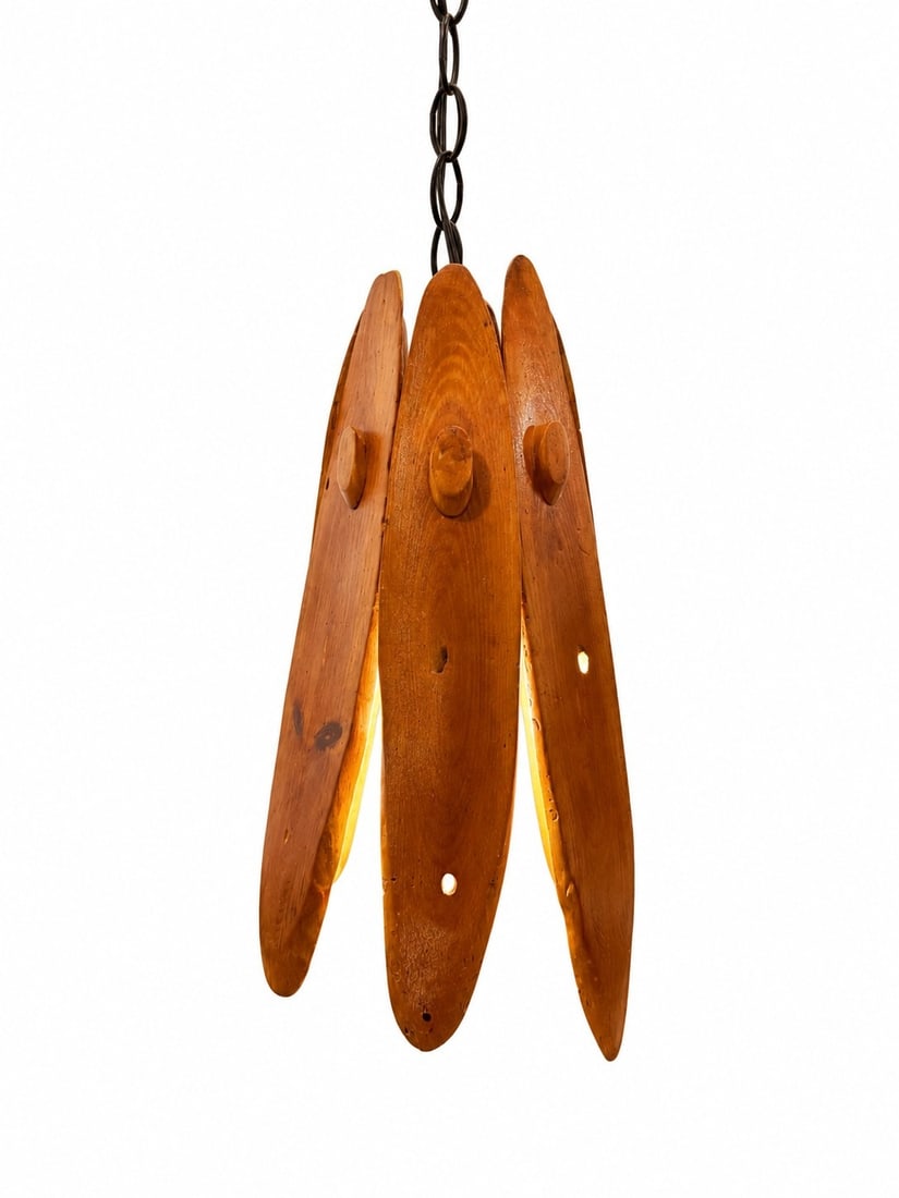 California Modern Driftwood Pendant Swag Lamp: 18" H x 9" overall diameter on shade. Total hang length of 114", chain length is 64", Early surf era from a home in California