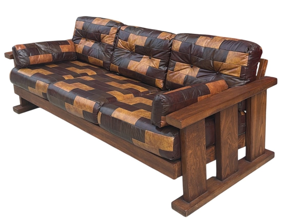 Mid Century Patchwork Arts & Crafts Sofa: Measures 25" H to the back, 17" H to the seat x 81" W x 33" D.