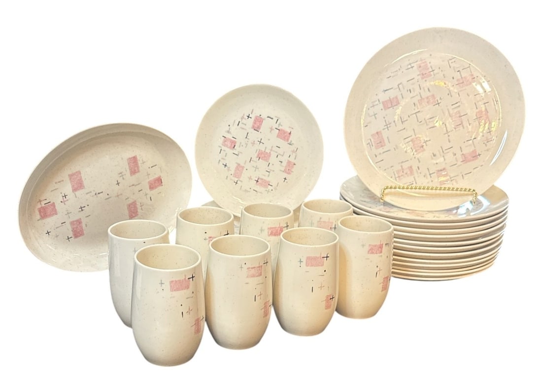 Mid Century Vernonware Dishware Tickled Pink: Produced from 1958-1965, 8 tumbler cups 5" H x 2.5" W, 13 plates, DINNER 8 salad plates, 1 serving dish